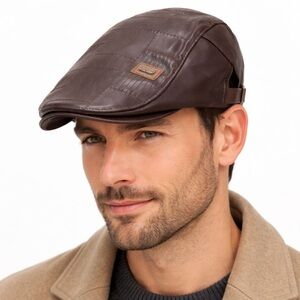 Men’s Brown Faux Leather Flat Cap Quilted Newsboy Ivy Hat Adjustable Classic